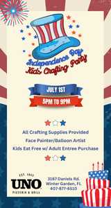 oin UNOs Pizzeria Winter Garden for a star-spangled Kids' Craft Party to celebrate the Fourth of July! 
