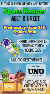 oin UNOs Pizzeria Winter Garden!  Buzz Lightyear is landing for an epic meet and greet!